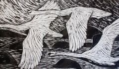 Swans Over Clousta - Woodcut
