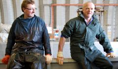 Specialist vets Andrew Brownlow (left) and Bob Reid after the post mortem - Photo: Pete Bevington, Shetland News