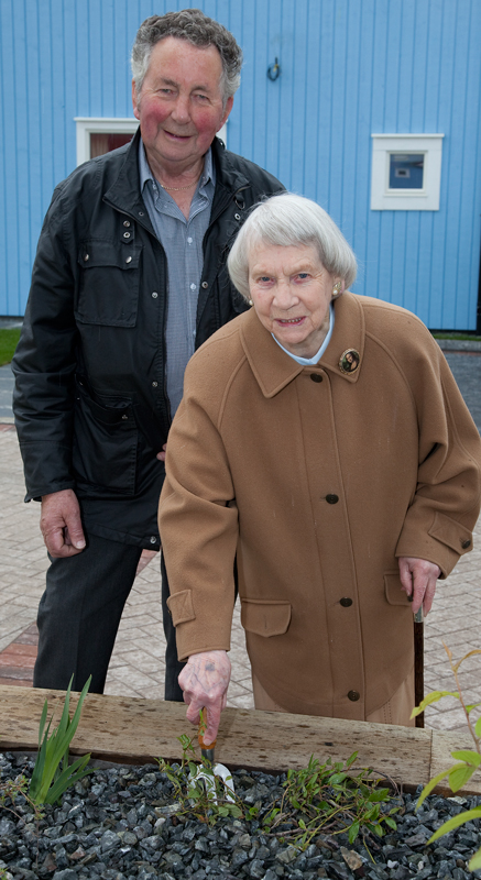 Former HHA chairman Tom Stove, who cut the first sod at Quoys back in 2003, with Johan Walker, whose family owned the land. Here they set a plant in the scheme's final phase. Pic. Billy Fox