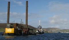 Lerwick pilot boat Kebister towing the jack up dredging barge into Scalloway harbour last weekend - Photo: Karen Fraser