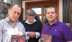 BBC Radio Shetland staff Mike Grundon and John Johnston were joined on the picket line by local Unison chairman Brian Smith - Photo: Hans J Marter
