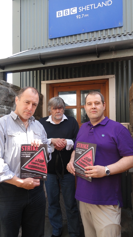 BBC Radio Shetland staff Mike Grundon and John Johnston were joined on the picket line by local Unison chairman Brian Smith - Photo: Hans J Marter