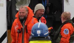 The crew of the Dragens Vinge arrive safely at Lerwick landing base. Pic. Garry Sandison