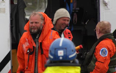 The crew of the Dragens Vinge arrive safely at Lerwick landing base. Pic. Garry Sandison