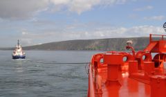 SIC tug Dunter at the other end of the tow line from on board Petroatlantic during last month's exercise in Colgrave Sound. Pic. Teekay Petrojarl Production AS