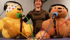 Studio assistant Helen Smith with the Children in Need mascots Pudsey (left) and Blush - Photo: Pete Bevington