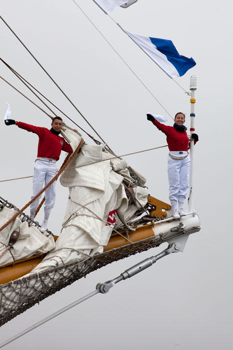 Some of the crew of the Columbian tall ship Gloria saying farewell to Shetland.