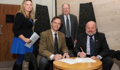 Signing of the memorandum of understanding between Vattenfall, Shetland Islands Council and Shetland Charitable Trust. From Left to right : Katrina Wiseman HIE, Veijo Huusko Vattenfall, Bill Manson SCT and Alasdair Cooper SIC - Photo: Malcolm Younger/Millgaet Media/HIE