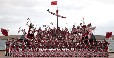 The Jarl's Squad posing for the traditional photo at Alexandra Wharf, on Tuesday morning.