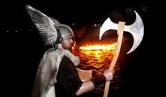 Jarl Thorkill Haraldson before his burning galley at Northmavine Up Helly Aa.