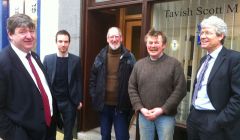 MP Alistair Carmichael (left) with Ewan Scott, Scottish government, local crofters Pete Glanville and Ronnie Eunson of ShetlandOrganics, and Simon Johnson of the UK government - Photo: Pete Bevington