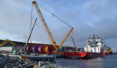 Fugro Symphony loads 270 tonne reels at Greenhead's new Berth Seven. Pic. LPA