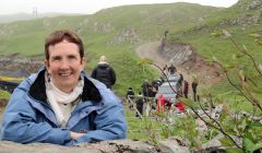 Crime writer Ann Cleeves in South Whiteness on Wednesday with the 'crime scene' in the background - Photos: Shetland News