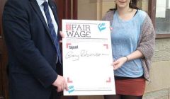 SIC leader Gary Robinson with Shetland MSYP Nicole Mouat after signing the One Fair Wage pledge