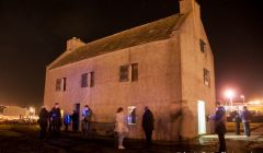 The Shetland Textile Museum at the Bod of Gremista lit up with luminous yarns. Pic. Austin Taylor