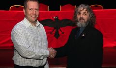 2013 Guizer Jarl Stephen Grant welcomes Robert Geddes, who will stand in his boots in 2028. Pic. Kevin Osborn
