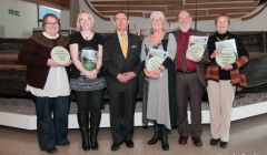 Captain George Sutherland (centre) of the Northern Lighthouse Board presented awards to (from left) Julie Thomson and Cheryl Jamieson of Gardiesfauld, Beth Gerrard of Sandgarth, Rick Nickerson who set up Da Voar Redd Up and Cecilia James. Pic. Austin Taylor