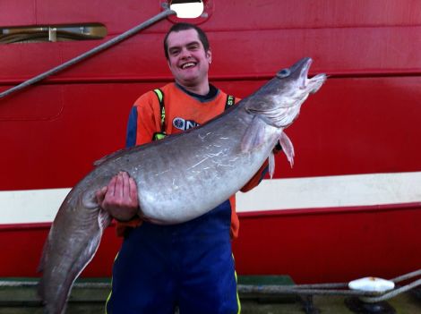 Muckle James Isbister with his muckle olick on Saturday. Photo Richard Scott