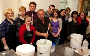 Shetland's famous fiddler Aly Bain lends a hand at the Shetland Soap Company. Photo Shetland Soap Company