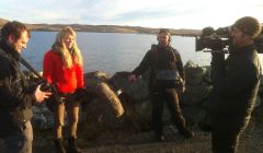 The Great British Winter team filming in Hillswick at the end of January. From left: director/producer Will Ridgeon, presenter Ellie Harrison, sound recorder Simon Coles and cameraman Peter Hyns