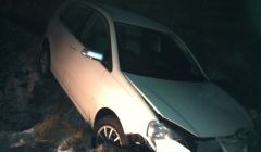 A crashed VW Polo lies in a ditch near the Halfway House after coming off the road on Tuesday evening. Photo Shetland News