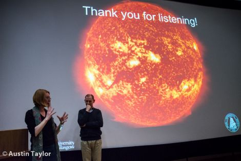 Dr Lyndsay Fletcher taking questions at Shetland Museum and Archives on Saturday with Paul Bendix of Shetland Astronomical Society watching - Photo: Austin Taylor