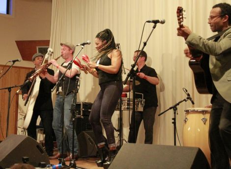 Cuban festival stars Son Yambu managed to get the westside crowd onto their feet, with the help of Ben Somers standing in for their missing brass section. Photo Olivia Abbott