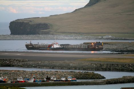 The shuttle barge Charlie Rock discharging Norwegian rock armouring at Wilsness last month. Photo George Jacobson