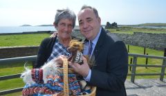Alex Salmond arrived too late to meet the famous Shetland ponies Fivla and Vitamin in their Fair Isle jumpers, but knitwear designer Doreen Brown provided the perfect substitutes - all photos: Malcolm Younger