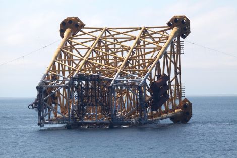The 21,300 tonne drilling and production jacket on the installation barge shortly before deployment - all photos: BP