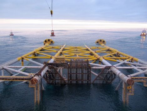 The drilling and production jacket after launch prior to upending.