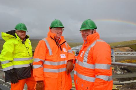 A rainbow came out while DONG directors (from left) Simon Slater, Soren Gath Hansen and Brent Cheshire visited this week. Photo Malcolm Younger/Millgaet Media