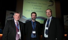 Island council leaders Angus Campbell, Steven Heddle and Gary Robinson at Thursday's opening of the historic Our Islands, Our Future conference in Kirkwall. Photo Ken Amer