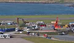 Rocks being delivered to the contractors carrying out repairs to the Sumburgh runway extension at the end of September. Photo Ronnie Robertson