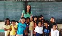 Money pledged by her friends enabled Jacqueline to buy relief packs to distribute to those affected by the disaster. These schoolchildren in northern Cebu were among the beneficiaries.