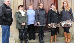 Skerries residents John West, Alice Arthur, Brenda Hay, Valerie McMillan, Mellany Gorman and Julie Arthur (from left to right) travelled to Lerwick to follow the debate in Lerwick town hall - Photo: Hans J Marter/ShetNews