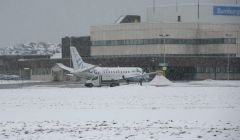 Snowy conditions at Sumburgh Airport on Saturday. Photo: Douglas Young