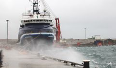 The Highland Defender ties up at Lerwick harbour to avoid the mountainous seas on Thursday. Photo Ian Leask