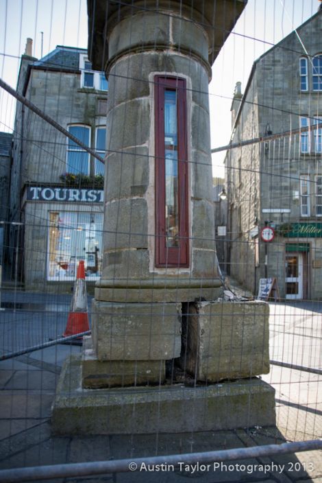 The damaged monument after it was hit by McGuinness in September. Photo Austin Taylor
