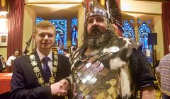 Guizer jarl Ivor Cluness meets council convener Malcolm Bell during Tuesday morning's civic reception in the Lerwick Town Hall - Photo: Chris Brown