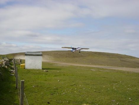 The Islander plane taking off from Papa Stour's airstrip. Photo courtesy of Jane Puckey.