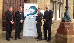 Pictured outside Lerwick Town Hall following the latest meeting with Scottish ministers to discuss further autonomy for the islands are (left to right): Western Isles leader Angus Campbell, Orkney leader Steven Heddle, Scottish planning minister Derek Mackay and SIC leader Gary Robinson. Photo: Shetnews/Neil Riddell