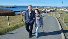 Andrew Halcrow back home in sunny Hamnavoe with his wife Alyson this week. Photo: Malcolm Younger