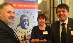 Frankie's owner Valerie Johnson and manager John Gold (right) with Alan Gifford, chairman of Shetland Fishermen's Mission's advisory committee.