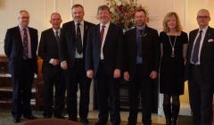 From left to right: Malcolm Burr and Norman Macdonald of Comhairle nan Eilean Siar, SIC political leader Gary Robinson, Northern Isles MP Alistair Carmichael, Orkney Islands Council leader Steven Heddle and corporate services director Gillian Morrison, and SIC chief executive Mark Boden.