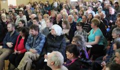 Five times the number of people expected turned up at Hillswick public hall to support the closure-threatened Urafirth and North Roe primary schools. Photo Shetnews