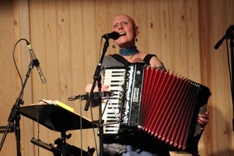 Inge Thomson performing Da Fishing Hands at Hillswick on Saturday night. Photo Shetnews