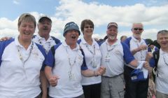 Shetland Supporters Group stalwarts at the athletics track in the Isle of Wight in 2011. From left: Sheila Manson, Dougie Grant, Colin Jamieson, Olive Macleod, Stanley Manson, Ginger Macleod and Roy Leask. Photo: Bob Kerr