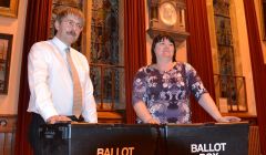 Shetland's returning officer Jan Riise with his deputy Anne Cogle following Sunday night's count at Lerwick Town Hall. Photo: Shetnews