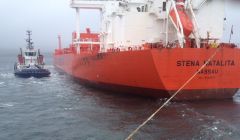 Bonxie undergoing sea and crew familiarisation trials in Sullom Voe harbour with the tanker Stena Natalita. Photo John Bateson